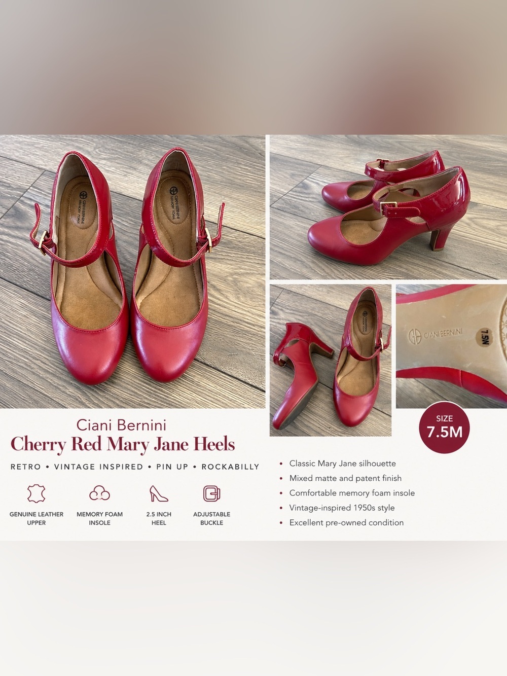 Vintage Inspired Red Mary Jane Heels Rockabilly Pin Up Pumps 7.5